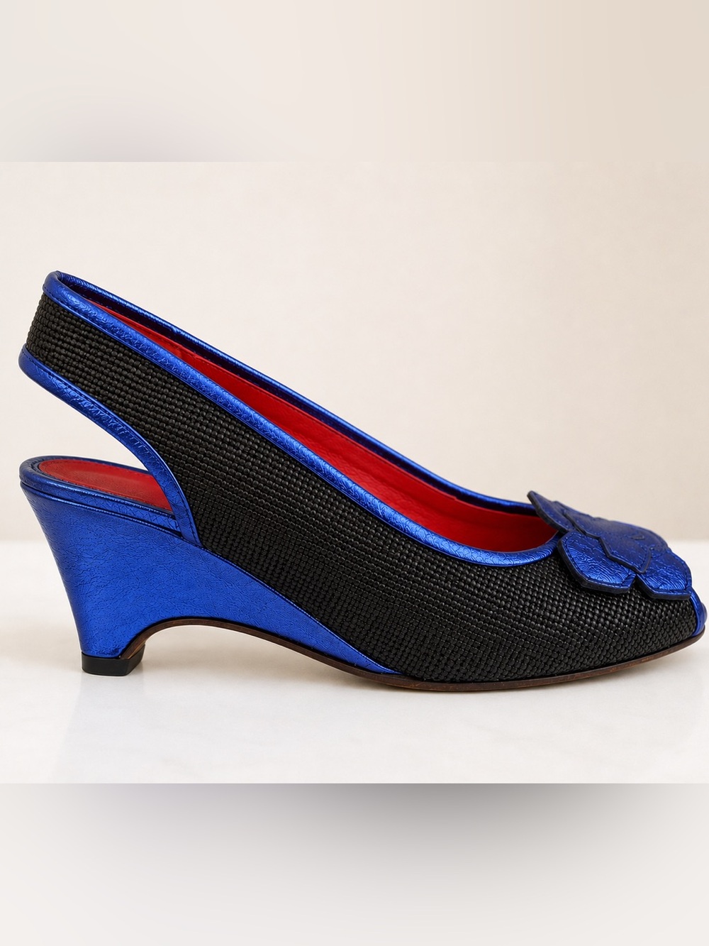 Black Slingback Peep-Toe Mules with Blue Metallic Flower Leather